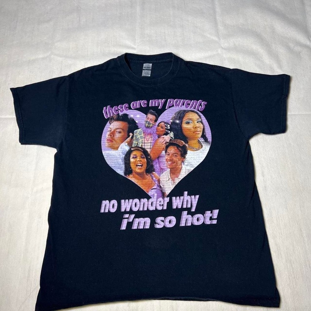 graphic t-shirt featuring a heart collage of Harry Styles and Lizzo